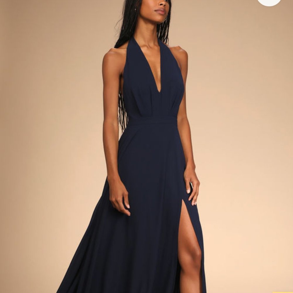 This Very Moment Navy Blue Halter Backless Maxi Dress (Lulus)
